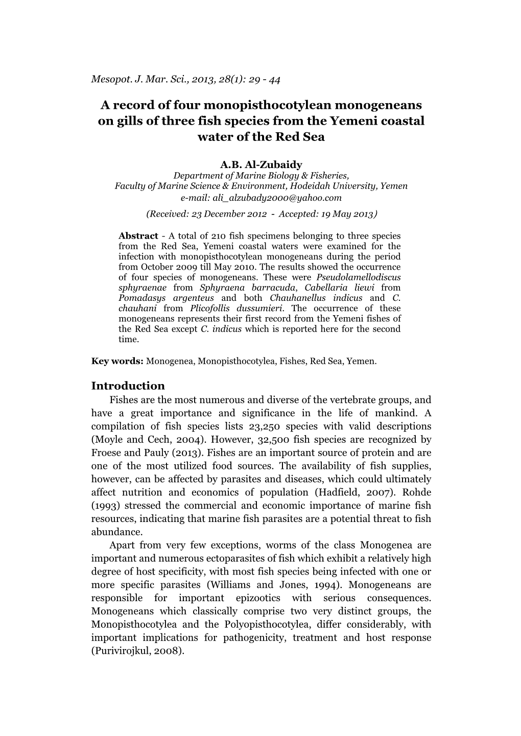 A Record of Four Monopisthocotylean Monogeneans on Gills of Three Fish Species from the Yemeni Coastal Water of the Red Sea