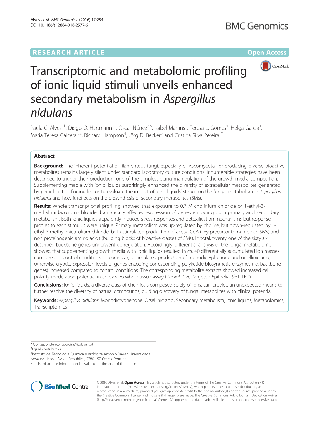 Transcriptomic and Metabolomic Profiling of Ionic Liquid Stimuli Unveils Enhanced Secondary Metabolism in Aspergillus Nidulans Paula C