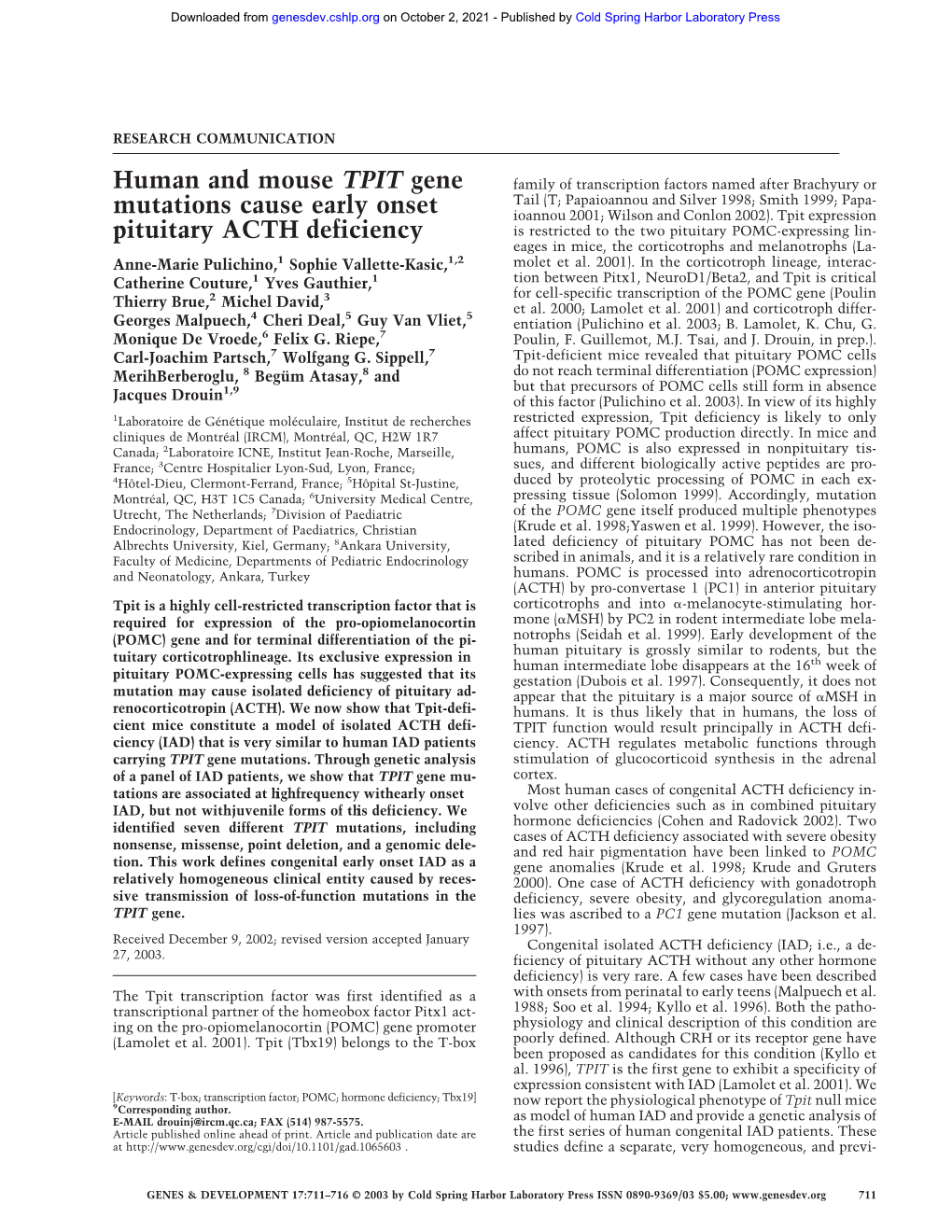 Human and Mouse TPIT Gene Mutations Cause Early Onset Pituitary ACTH Deficiency