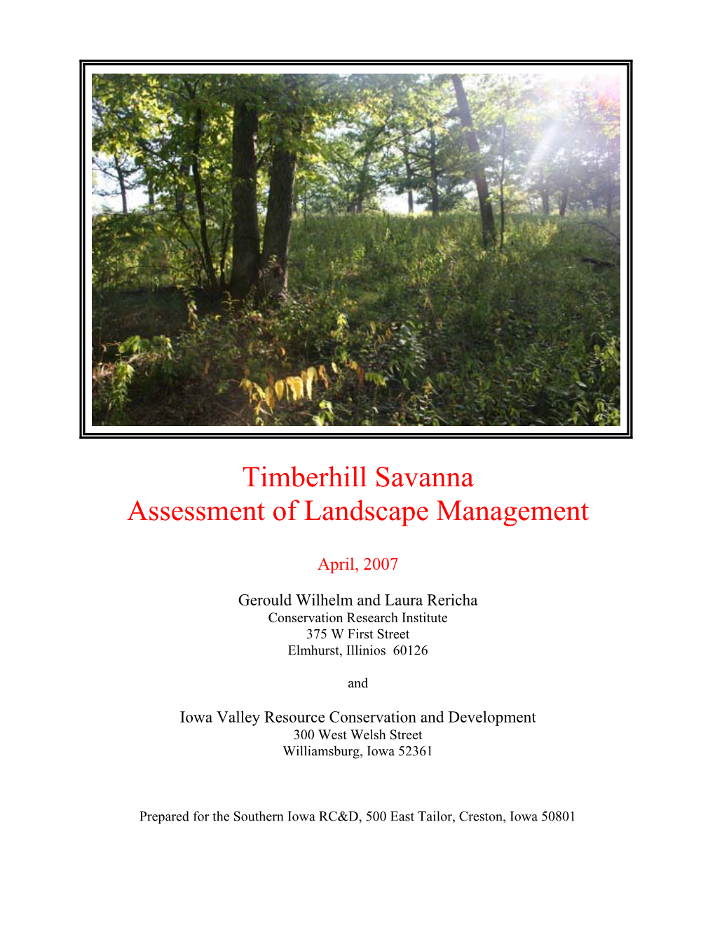 Timberhill Savanna Assessment of Landscape Management