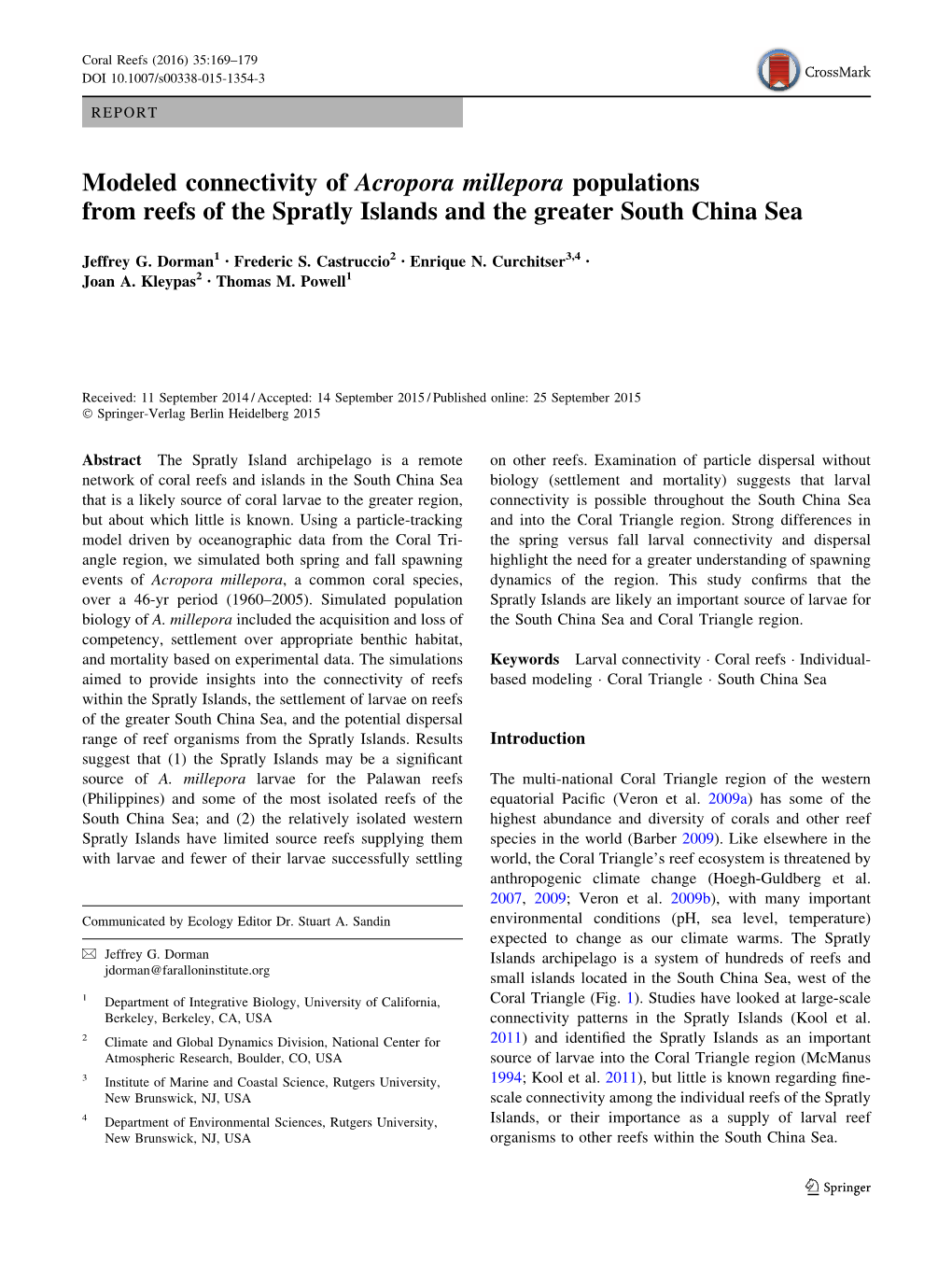 Modeled Connectivity of Acropora Millepora Populations from Reefs of the Spratly Islands and the Greater South China Sea