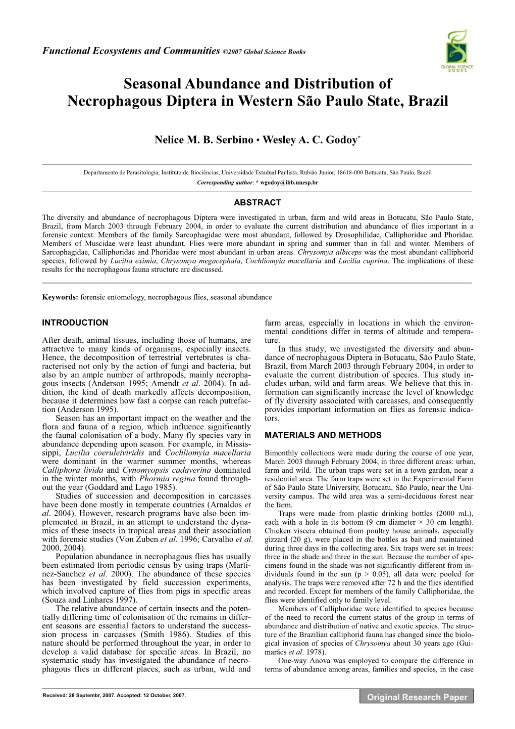 Seasonal Abundance and Distribution of Necrophagous Diptera in Western São Paulo State, Brazil