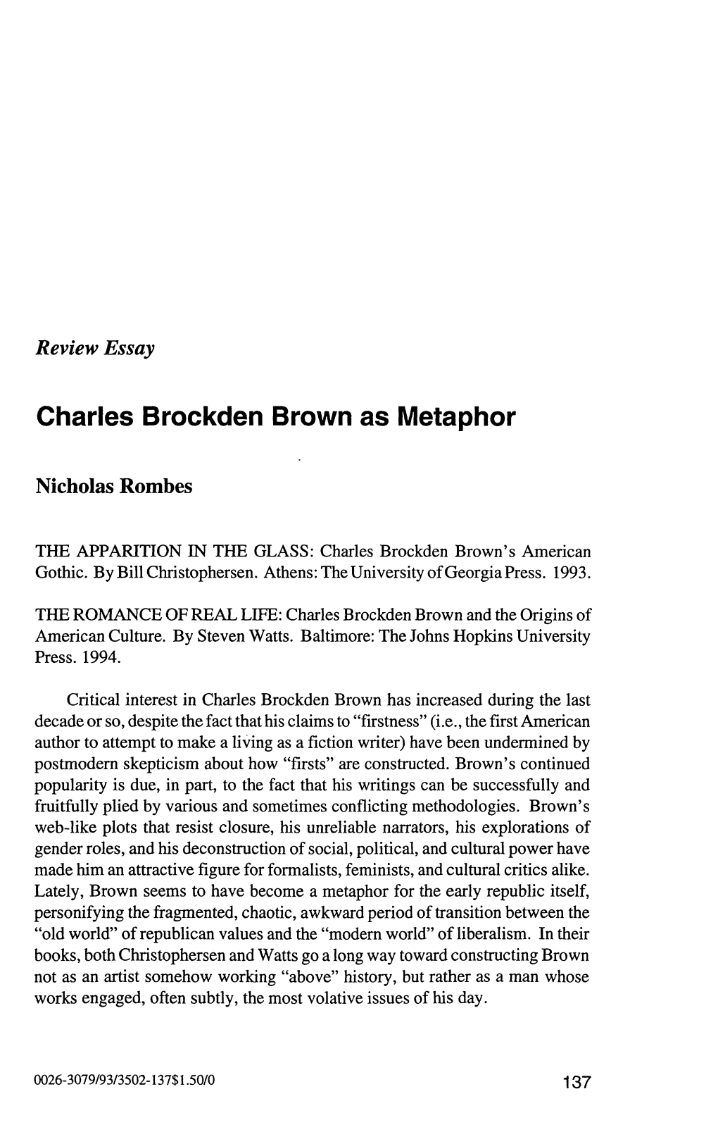 Charles Brockden Brown As Metaphor