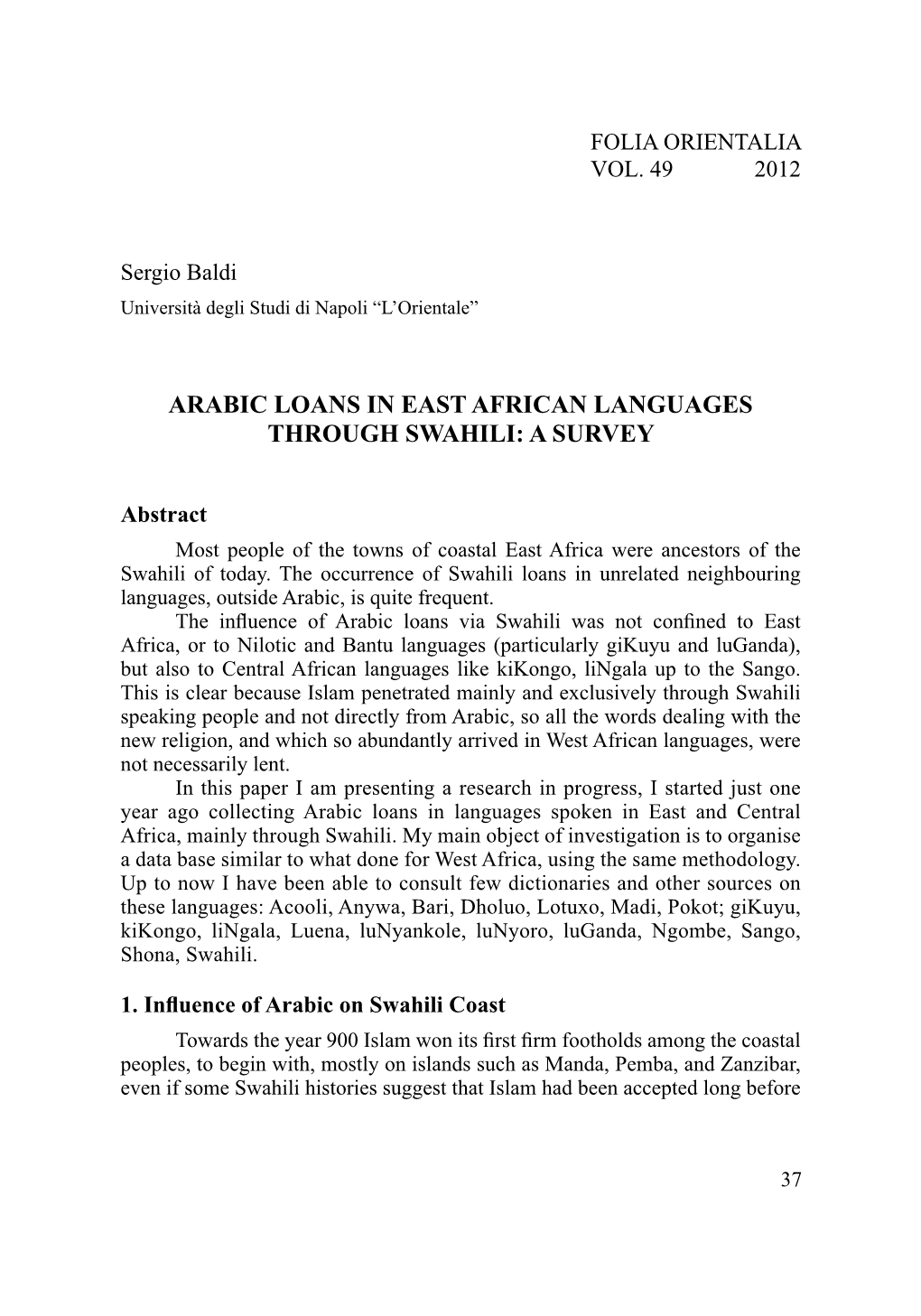 Arabic Loanwords in East African Languages Through Swahili