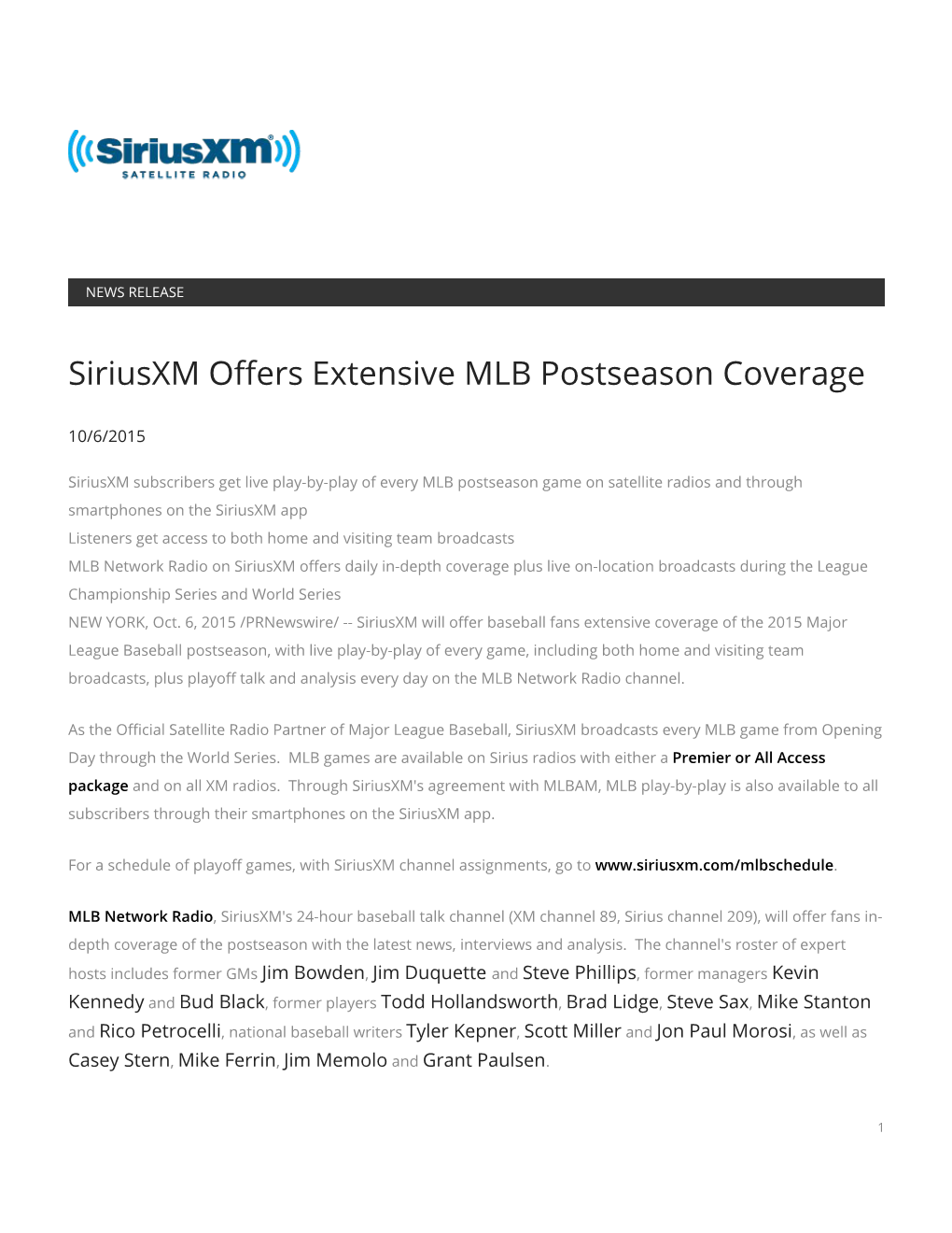 Siriusxm Offers Extensive MLB Postseason Coverage