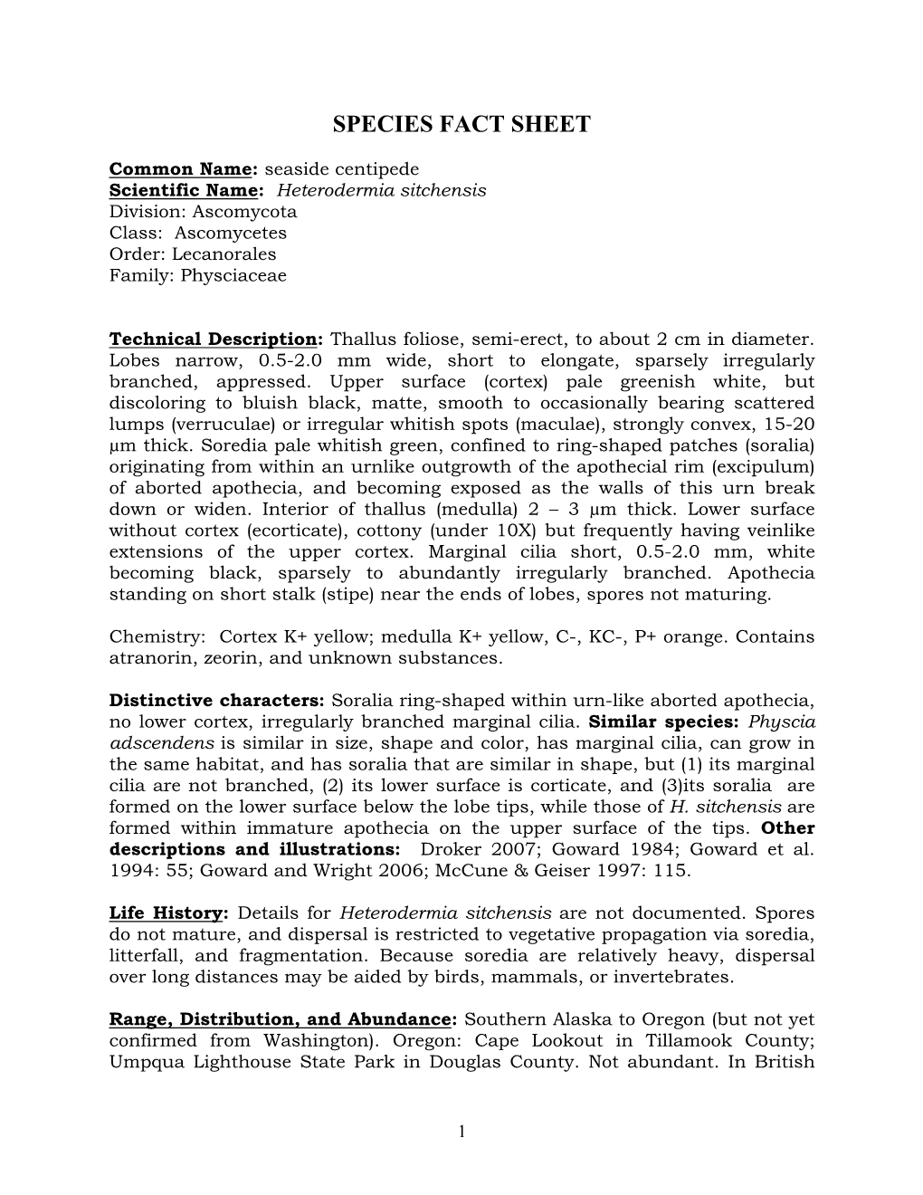 Heterodermia Sitchensis Species Fact Sheet