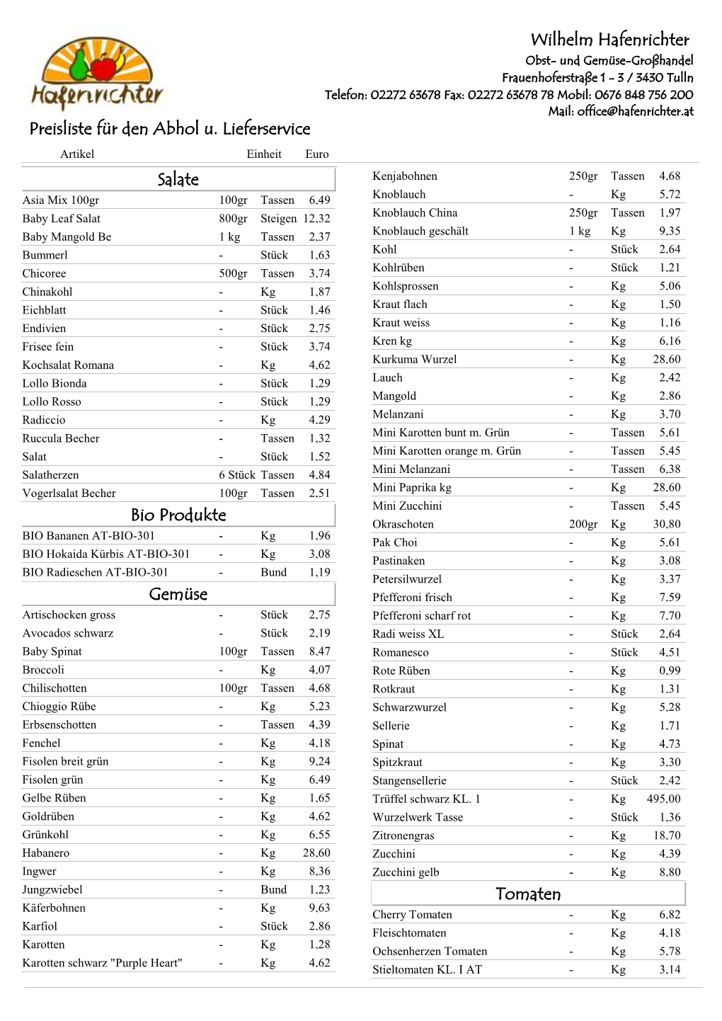 Wilhelm Hafenrichter Preisliste Für Den Abhol U. Lieferservice Salate Bio Produkte Gemüse Tomaten