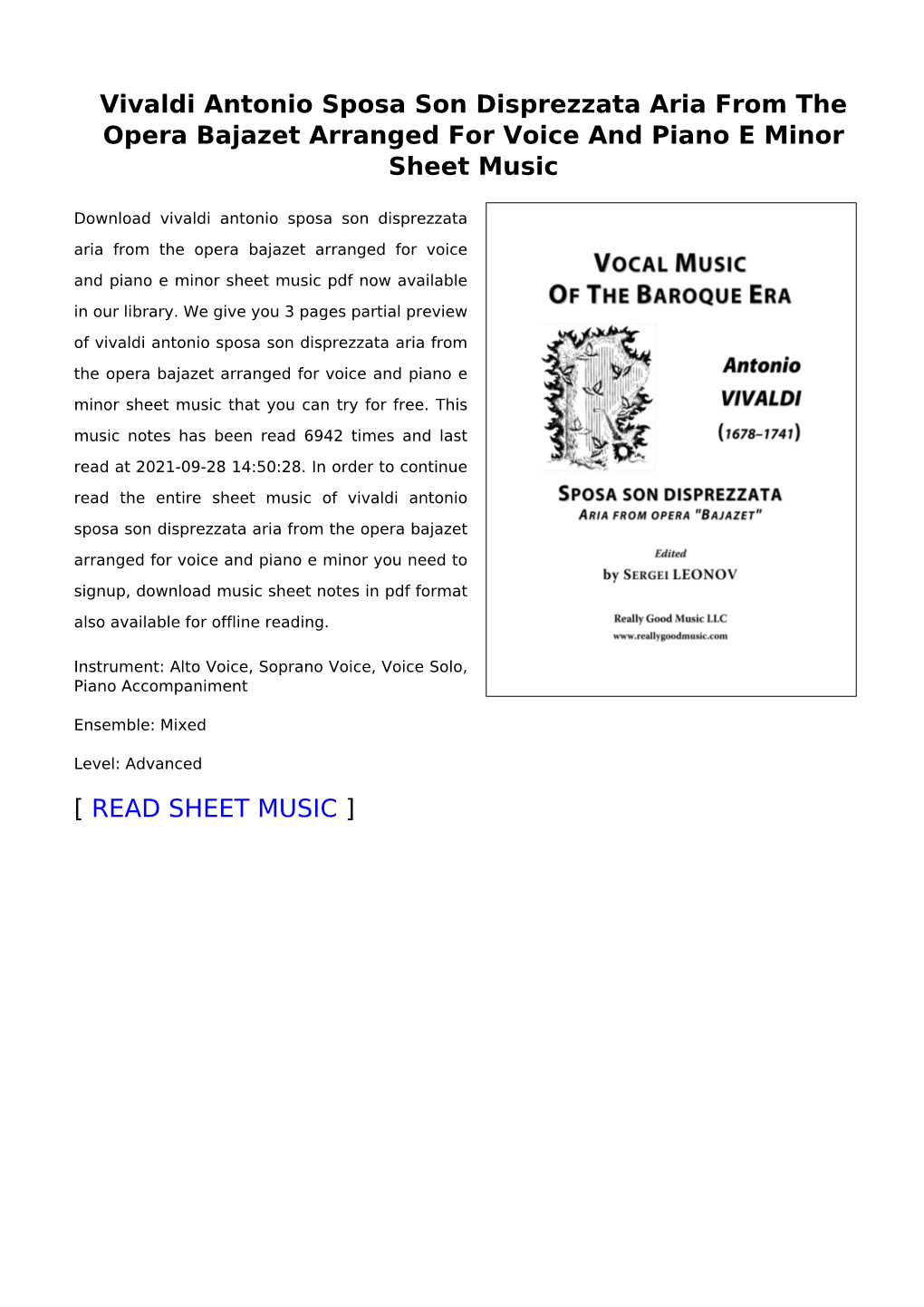 Vivaldi Antonio Sposa Son Disprezzata Aria from the Opera Bajazet Arranged for Voice and Piano E Minor Sheet Music