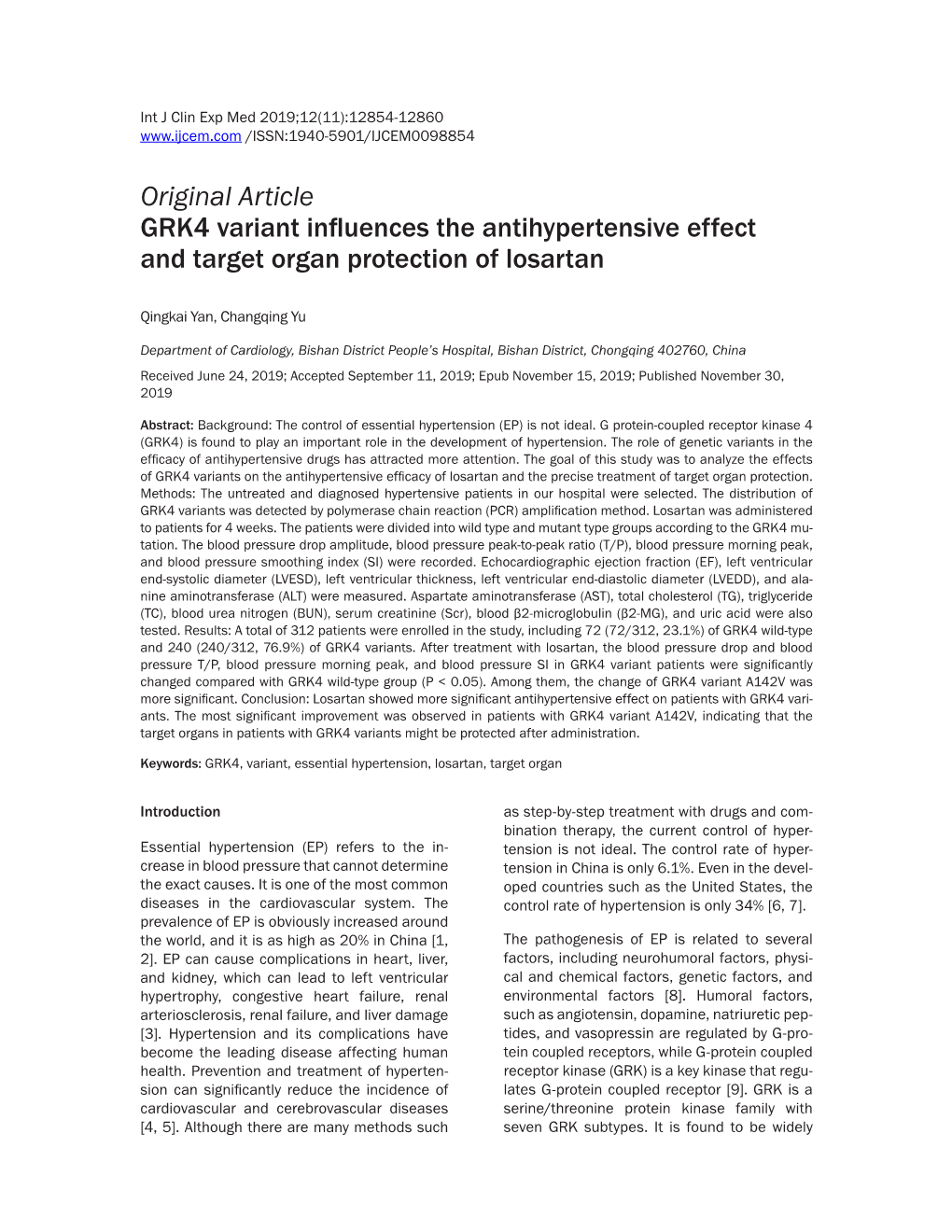 Original Article GRK4 Variant Influences the Antihypertensive Effect and Target Organ Protection of Losartan