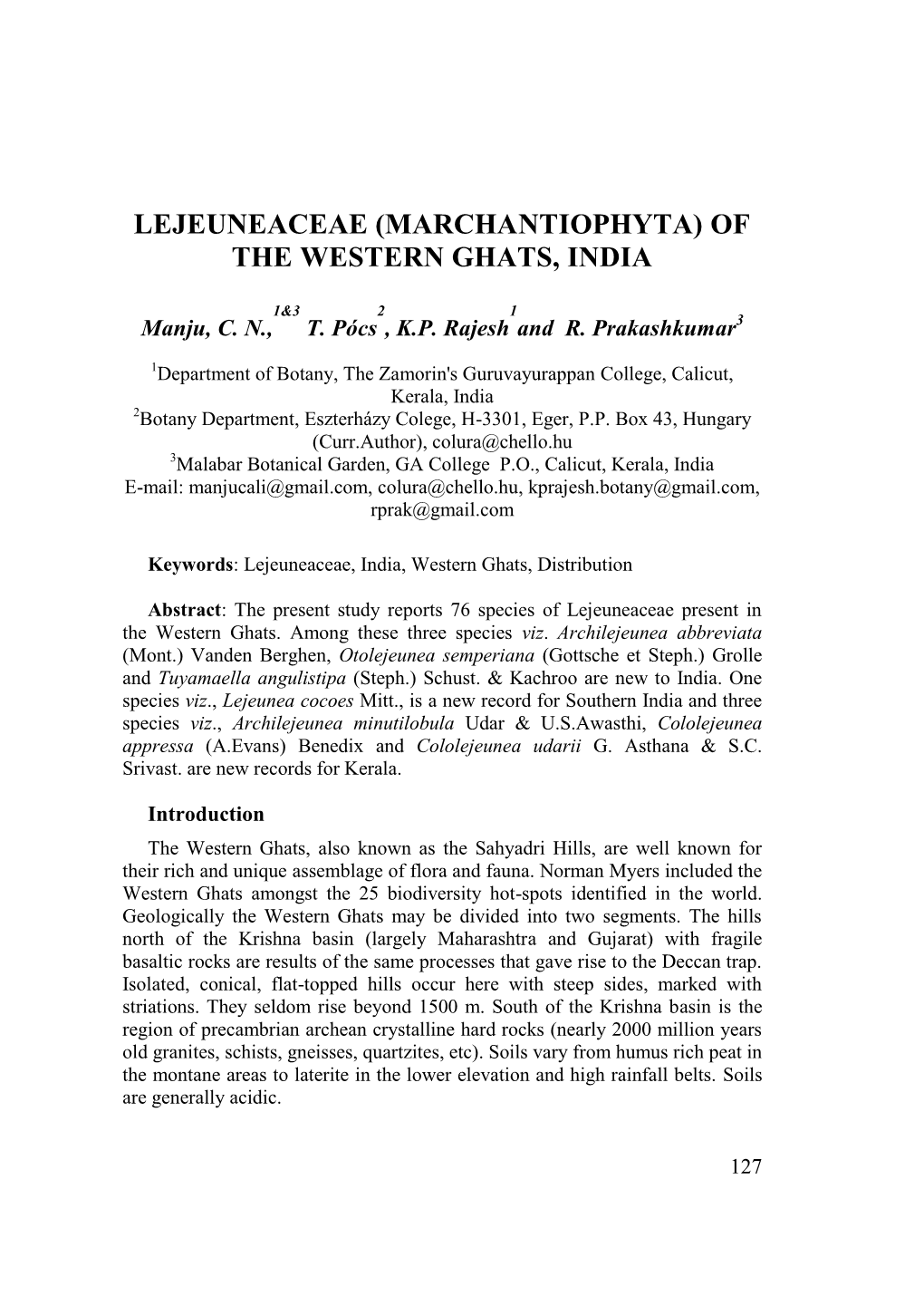 Lejeuneaceae (Marchantiophyta) of the Western Ghats, India