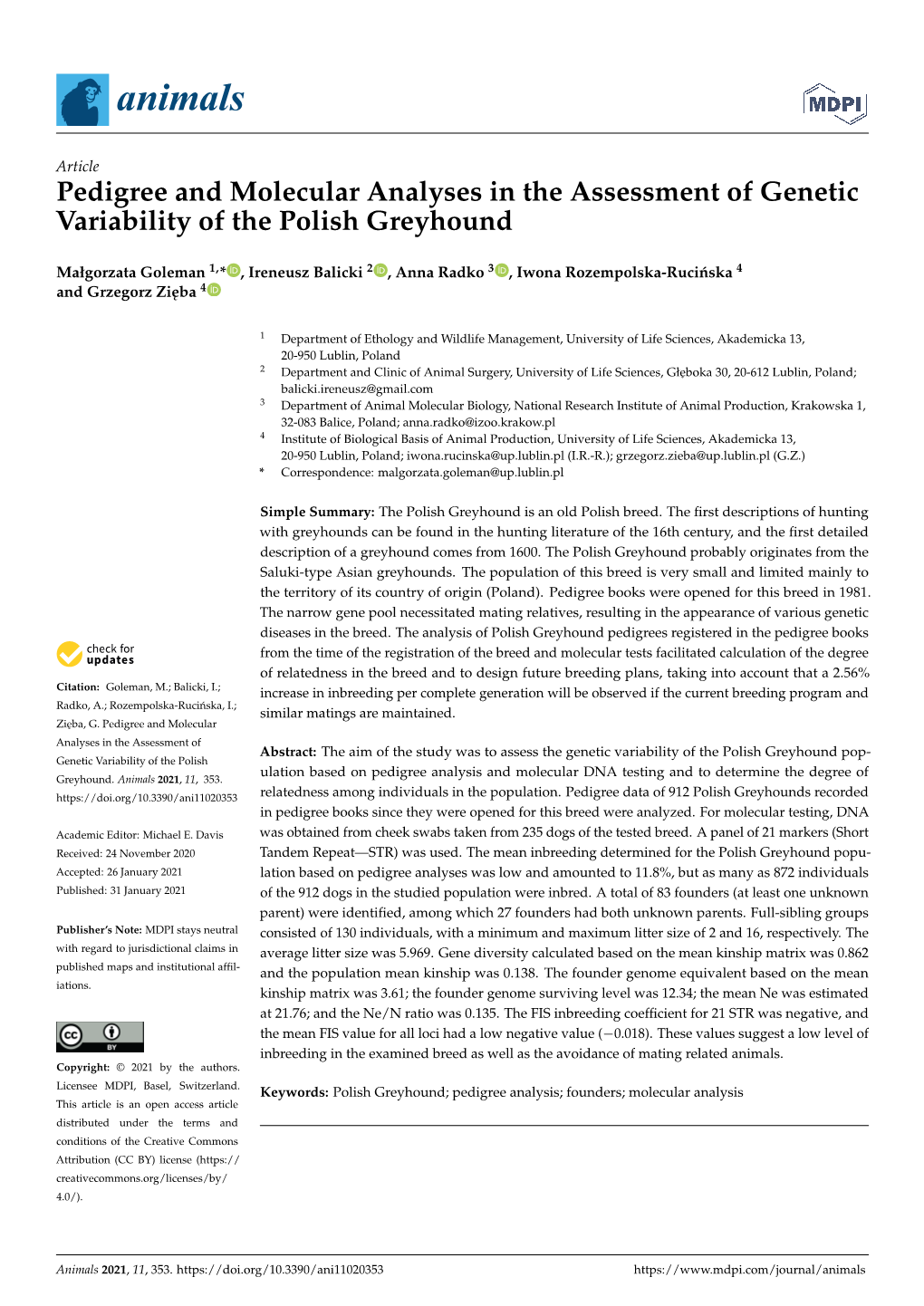 Pedigree and Molecular Analyses in the Assessment of Genetic Variability of the Polish Greyhound