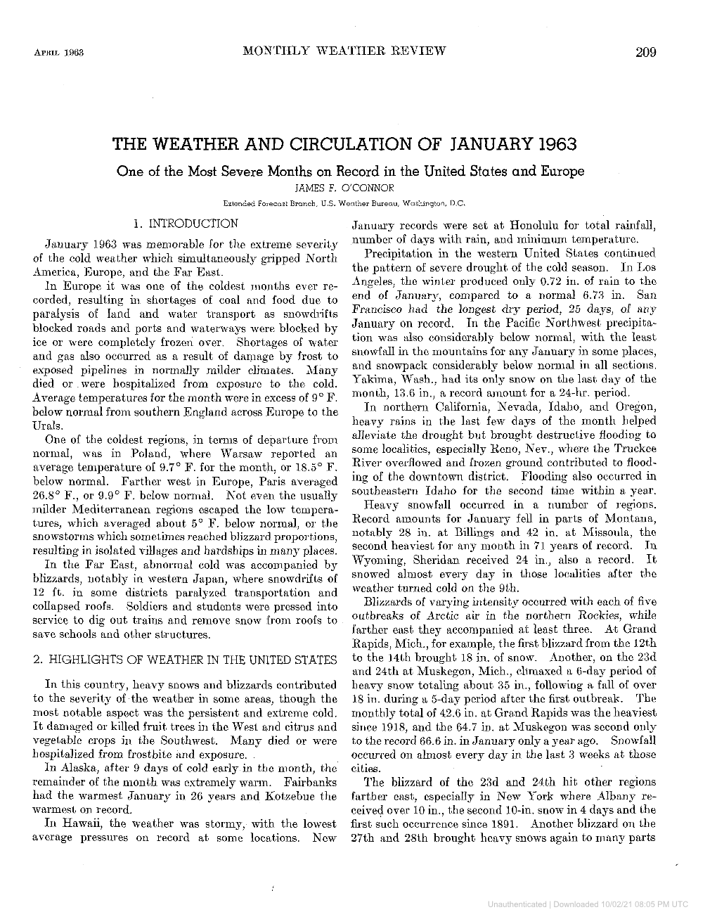 THE WEATHER and CIRCULATION of JANUARY 1963 One of the Most Severe Months on Record in the United States and Europe JAMES F