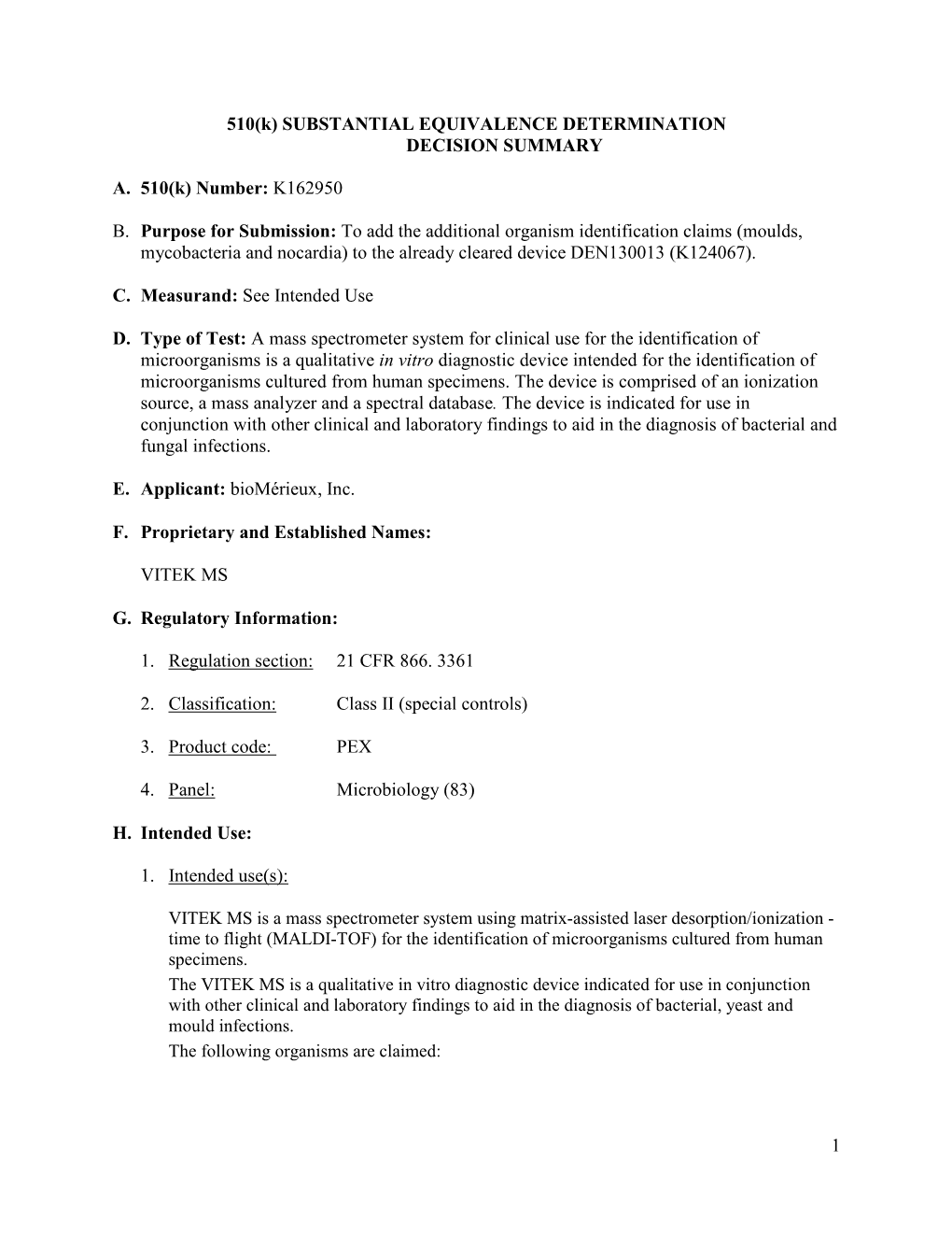 510(K) SUBSTANTIAL EQUIVALENCE DETERMINATION DECISION SUMMARY