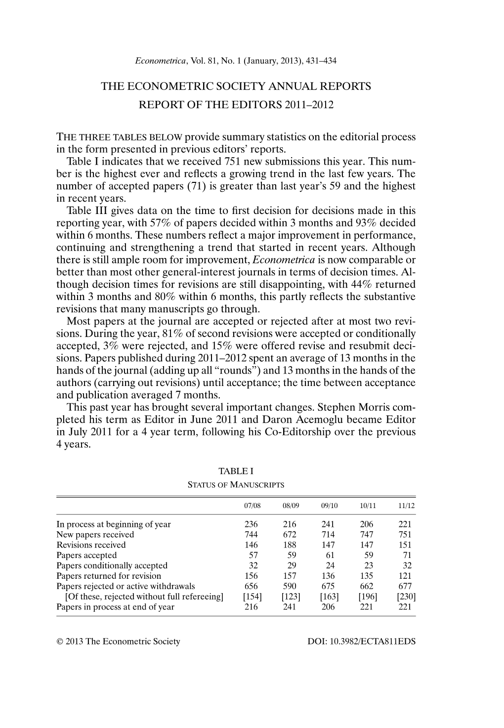 The Econometric Society Annual Reports Report of the Editors 2011–2012