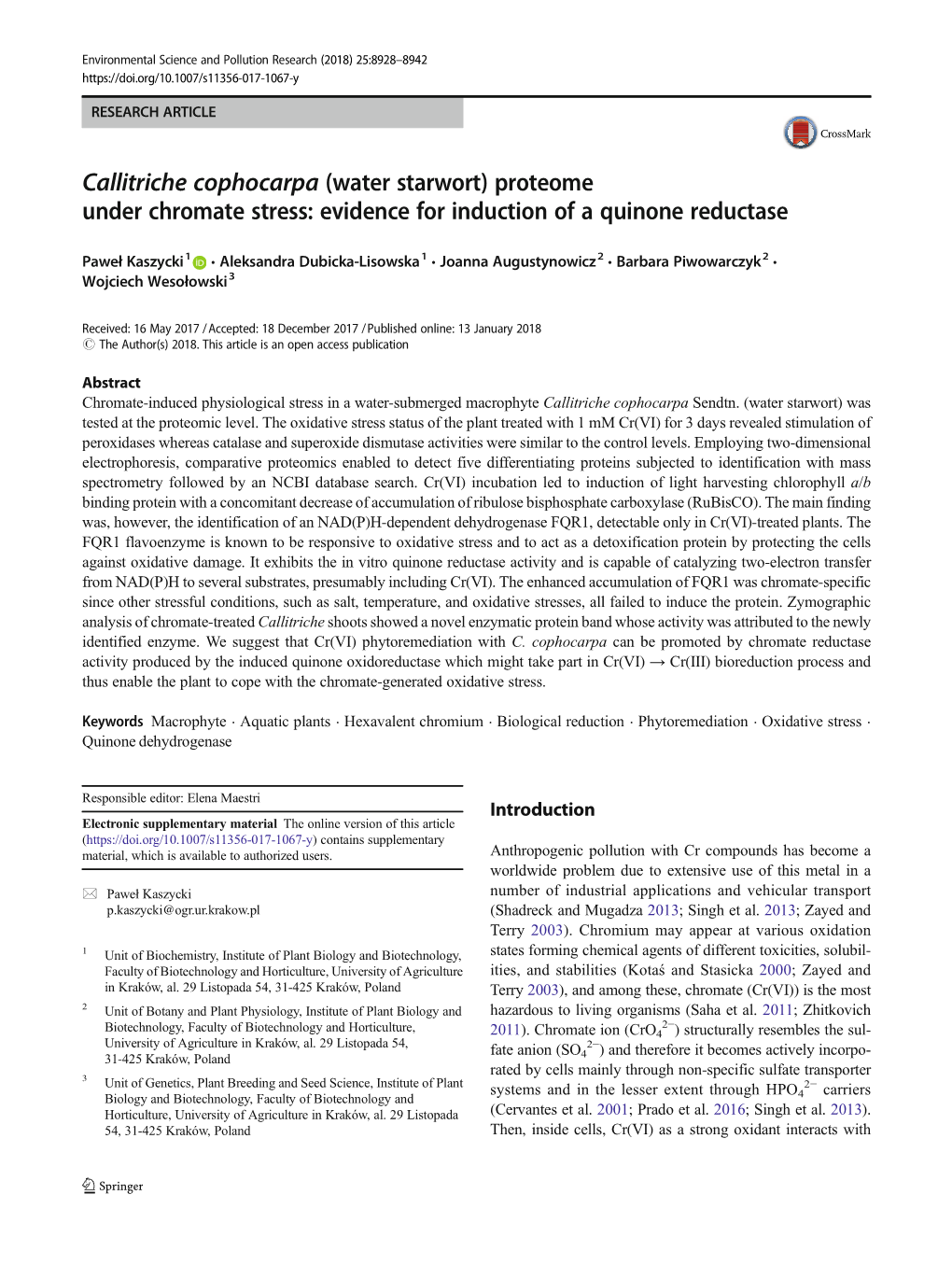 Callitriche Cophocarpa (Water Starwort) Proteome Under Chromate Stress: Evidence for Induction of a Quinone Reductase