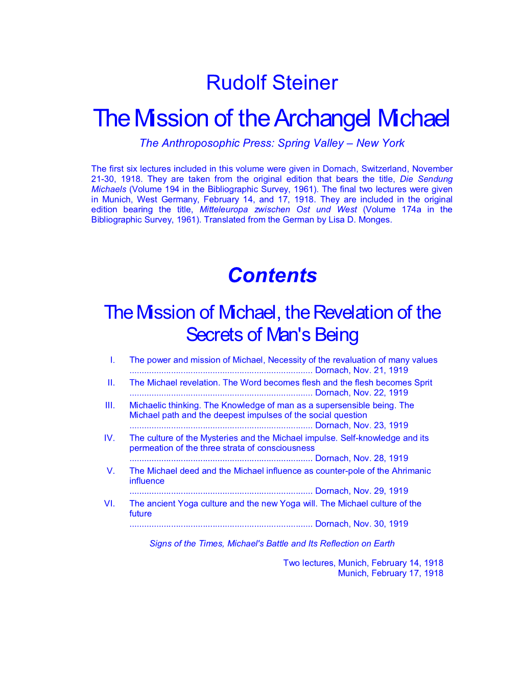 The Mission of the Archangel Michael the Anthroposophic Press: Spring Valley – New York