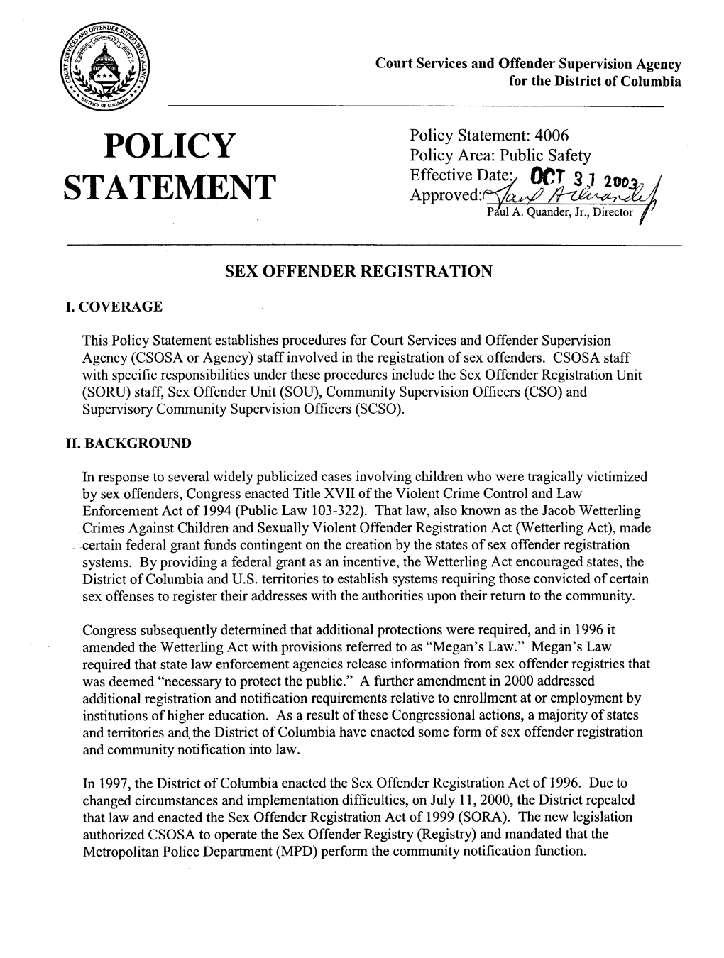 Sex Offender Registration, Policy Statement 4006