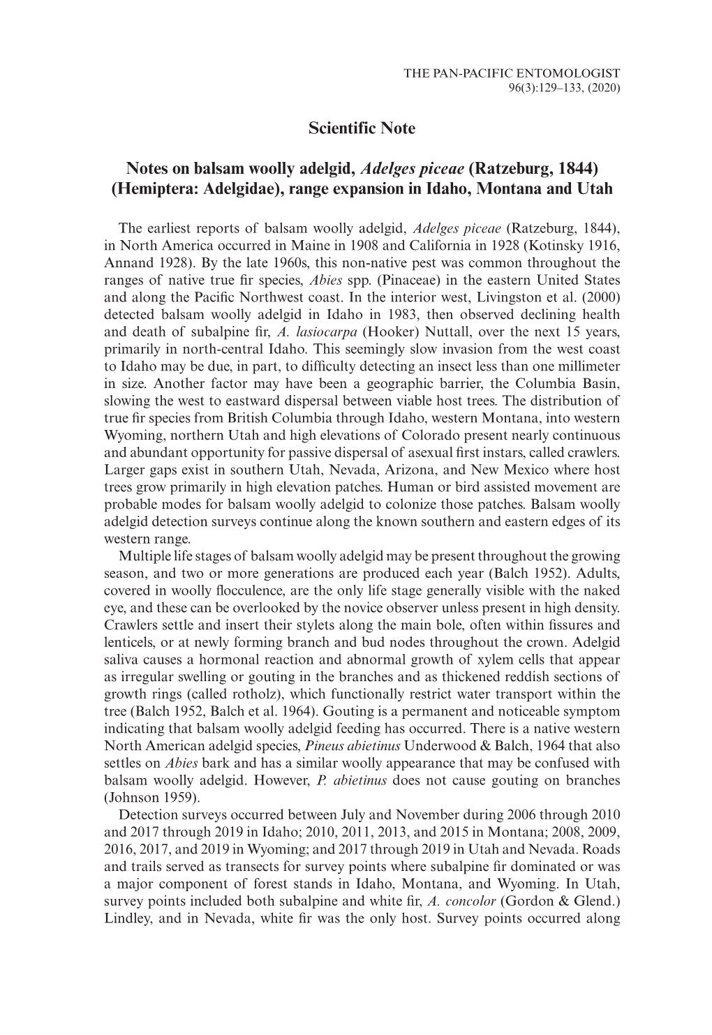Notes on Balsam Woolly Adelgid, Adelges Piceae (Ratzeburg, 1844) (Hemiptera: Adelgidae), Range Expansion in Idaho, Montana and Utah