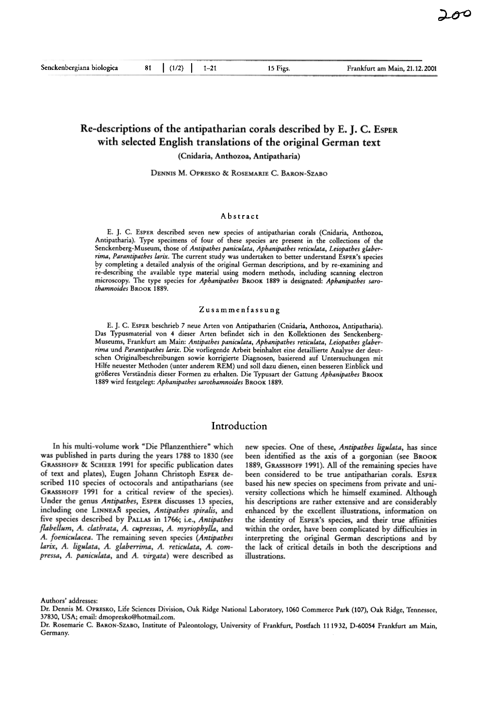 Re-Descriptions of the Antipatharian Corals Described by E. J. C. ESPER