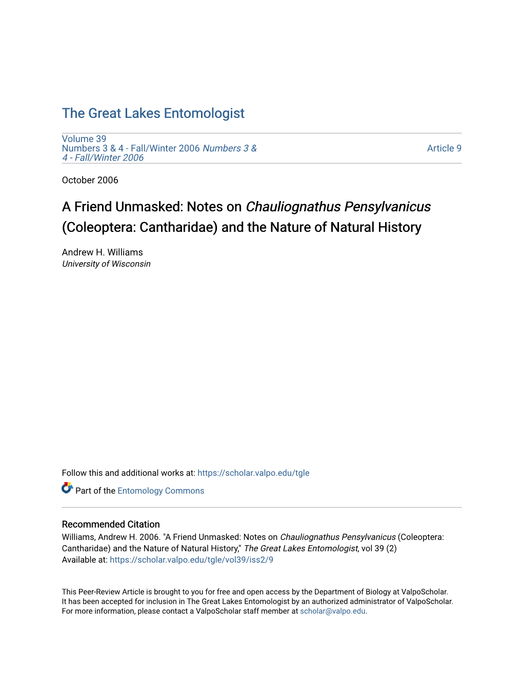 Notes on Chauliognathus Pensylvanicus (Coleoptera: Cantharidae) and the Nature of Natural History