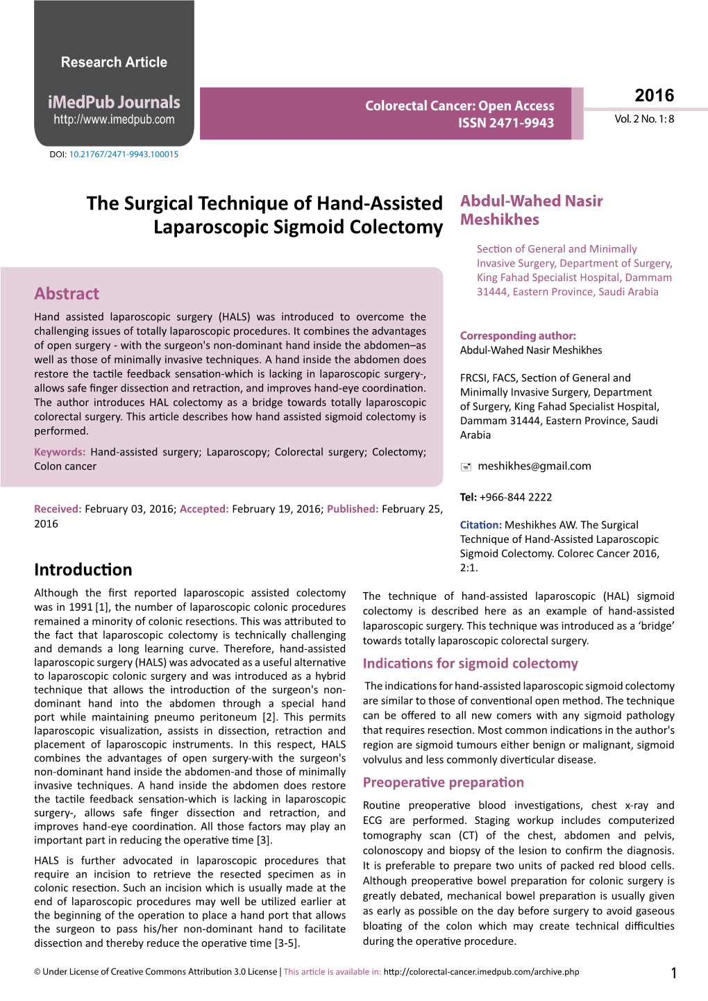 The Surgical Technique of Hand-Assisted Laparoscopic Sigmoid Colectomy