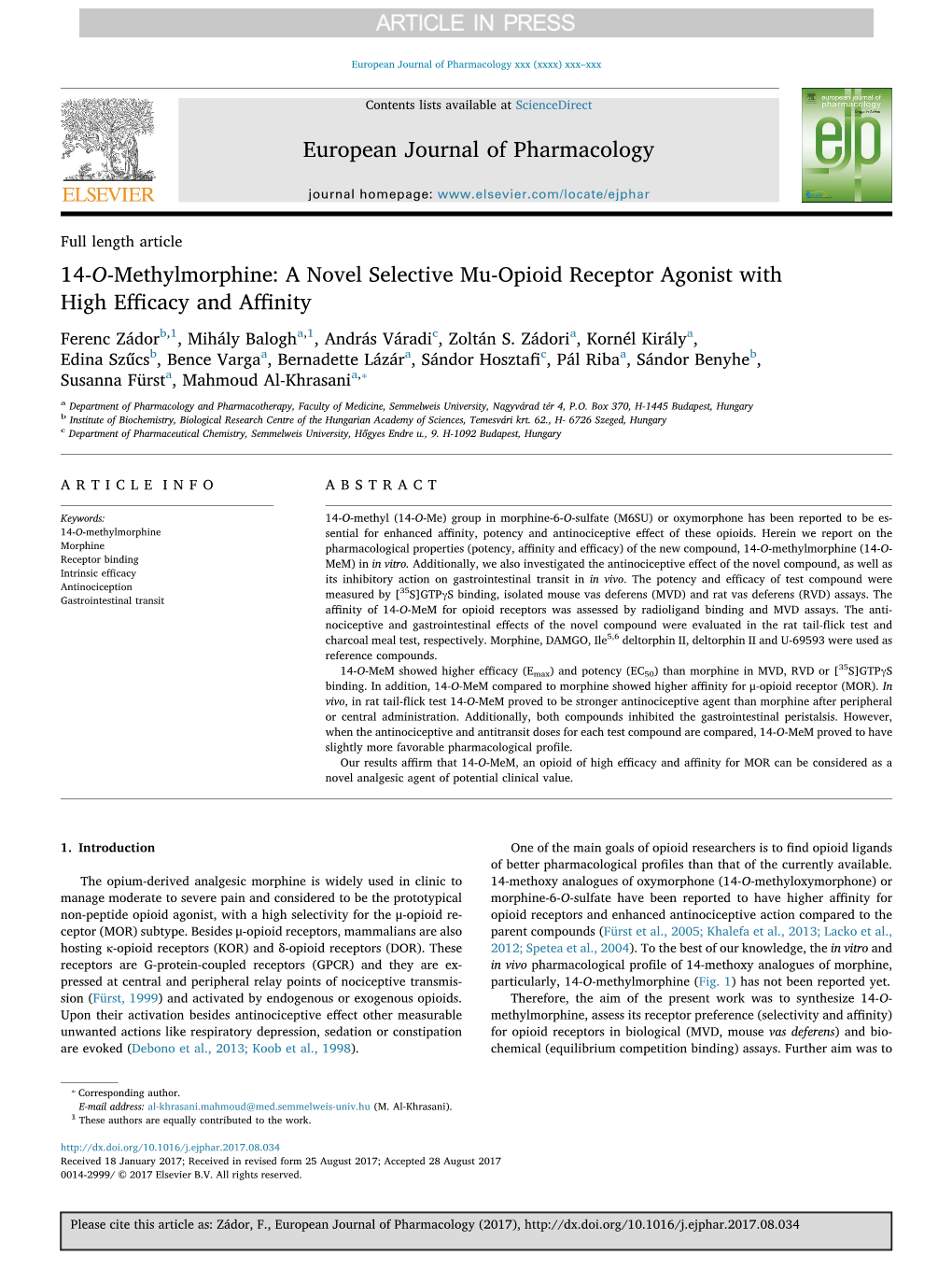 14-O-Methylmorphine a Novel Selective Mu-Opioid Receptor