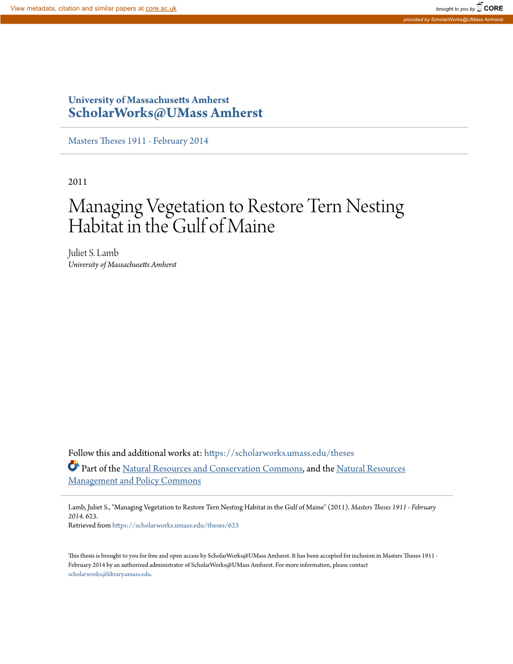 Managing Vegetation to Restore Tern Nesting Habitat in the Gulf of Maine Juliet S