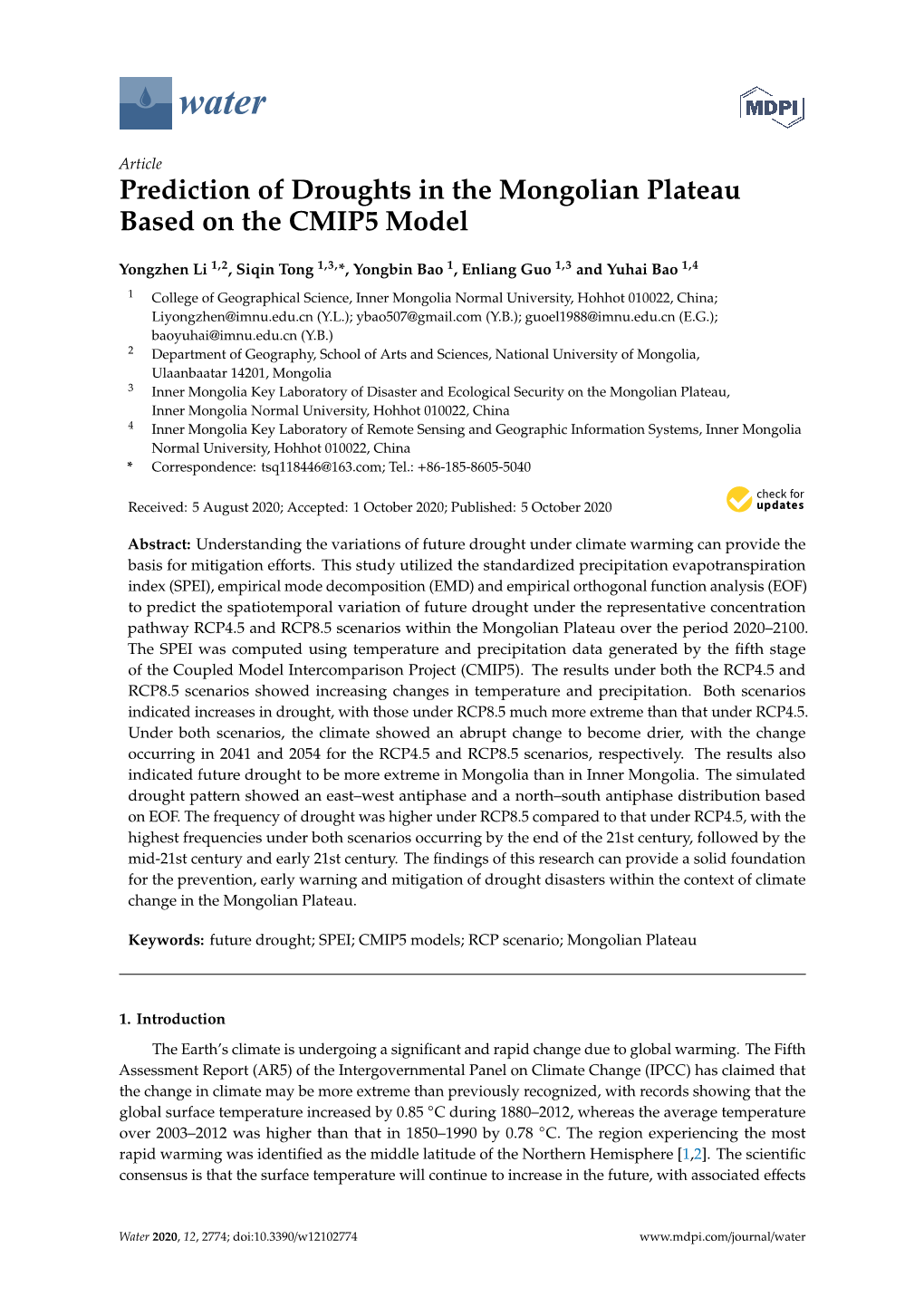 Prediction of Droughts in the Mongolian Plateau Based on the CMIP5 Model