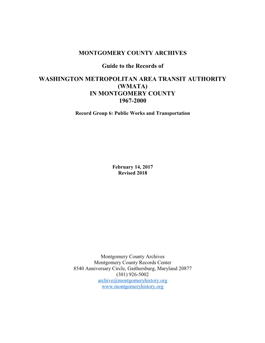 Washington Metropolitan Area Transit Authority (Wmata) in Montgomery County 1967-2000
