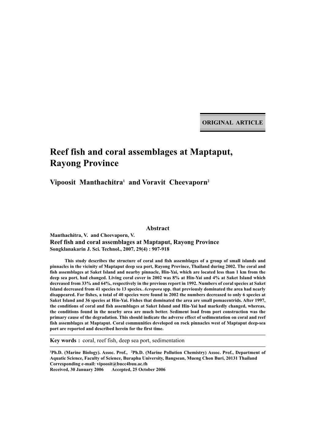 Reef Fish and Coral Assemblages at Maptaput, Rayong Province