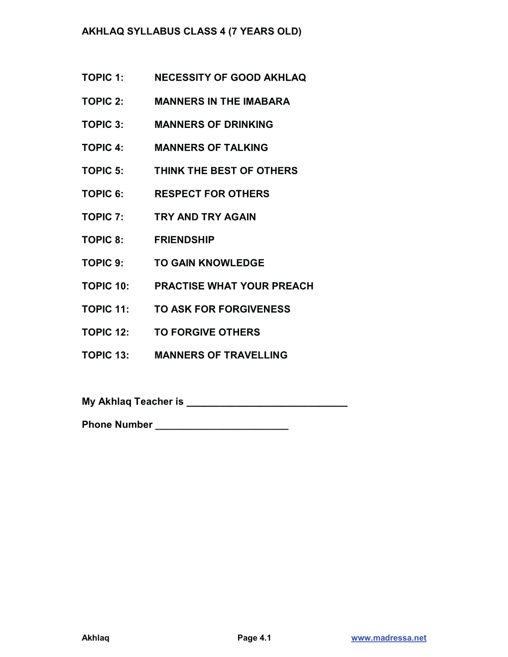 Akhlaq Syllabus Class 4 (7 Years Old) Topic 1