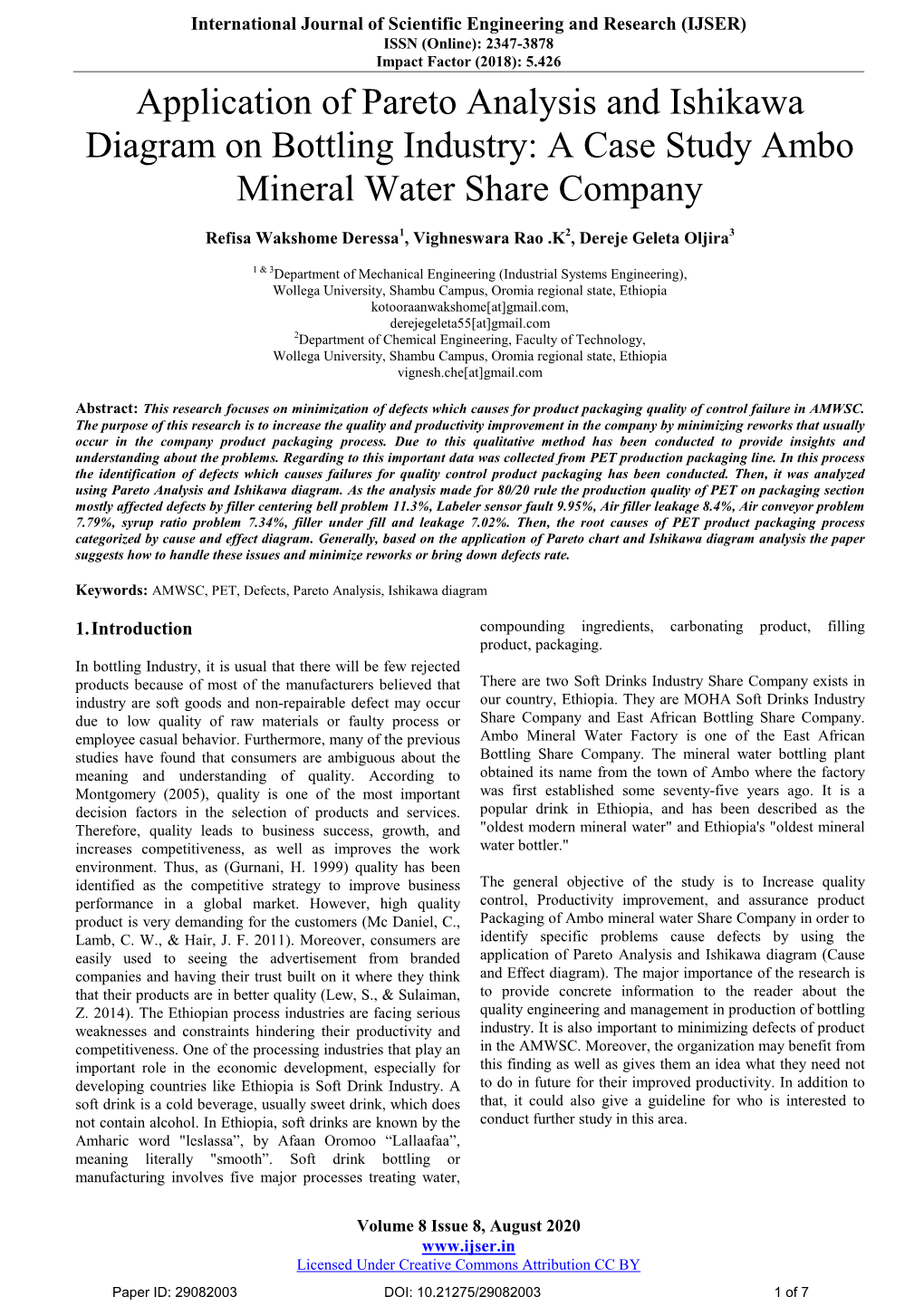 Application of Pareto Analysis and Ishikawa Diagram on Bottling Industry: a Case Study Ambo Mineral Water Share Company