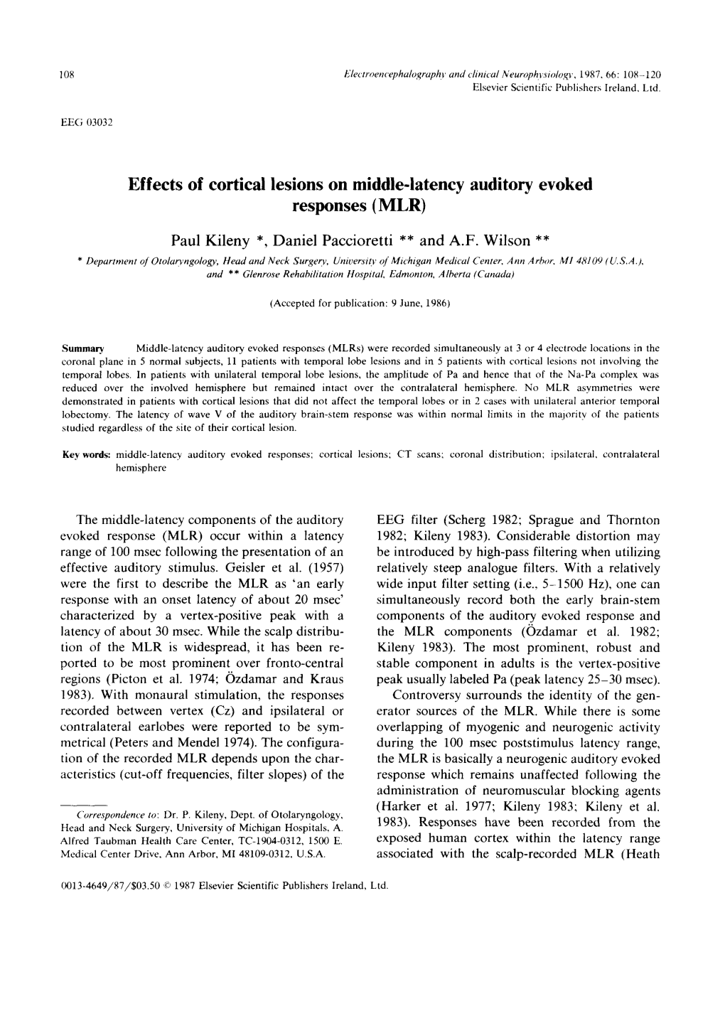 Effects of Cortical Lesions on Middle-Latency Auditory Evoked Responses (MLR)