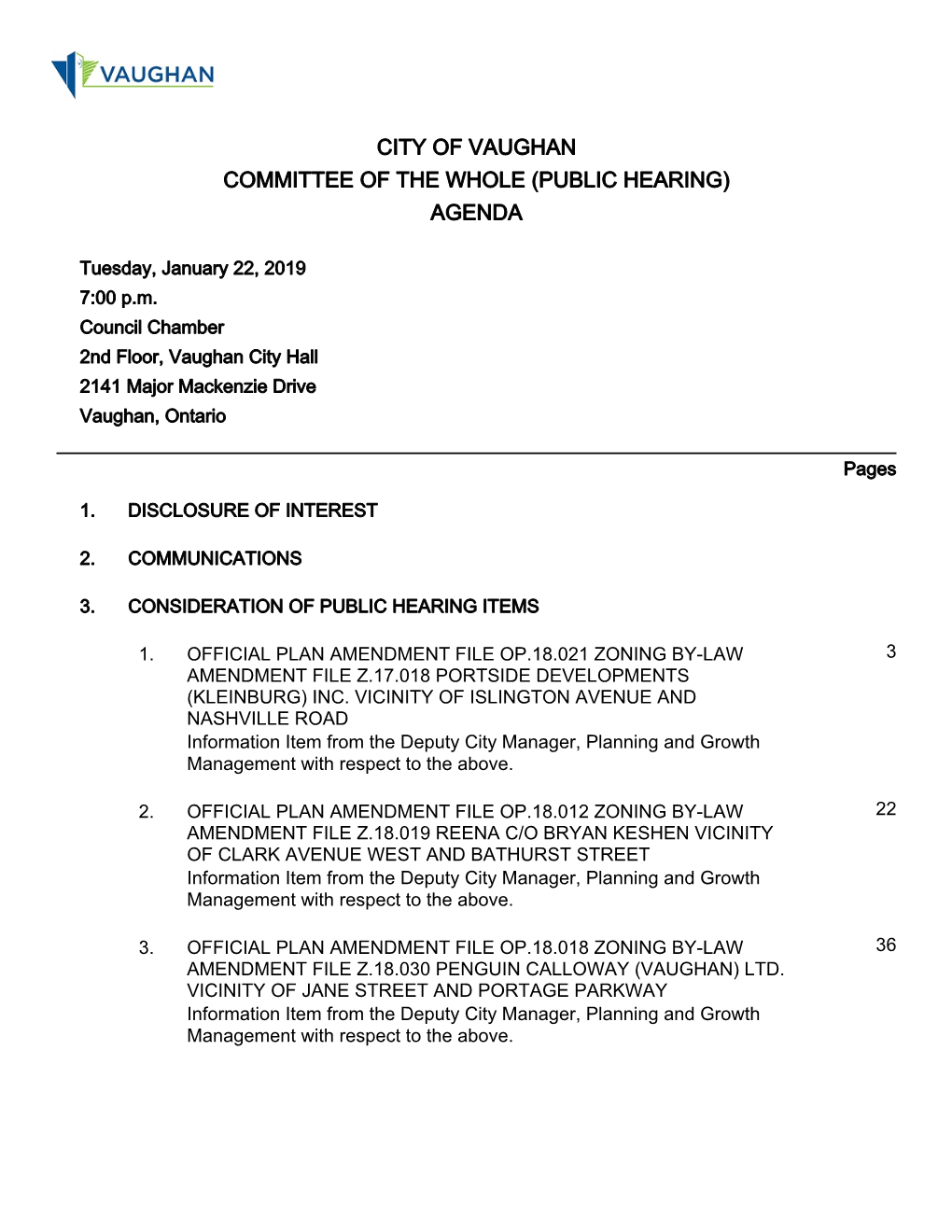 City of Vaughan Committee of the Whole (Public Hearing) Agenda