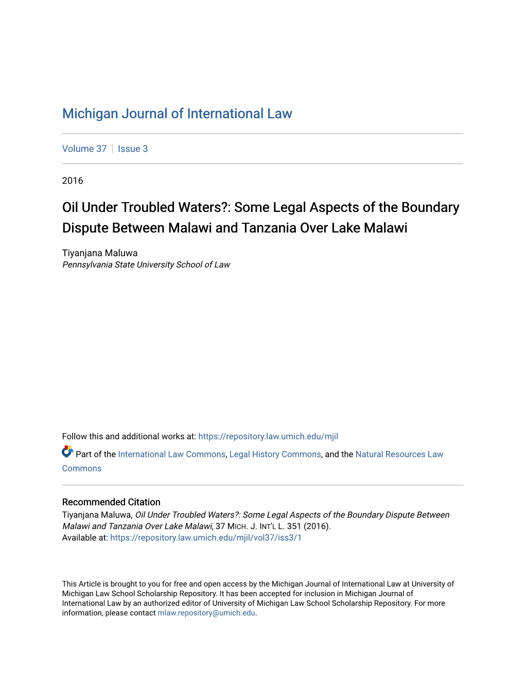 Some Legal Aspects of the Boundary Dispute Between Malawi and Tanzania Over Lake Malawi