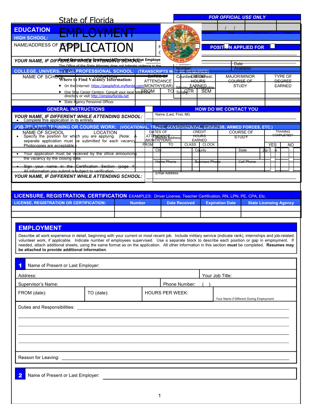 State Of Florida Employment Application