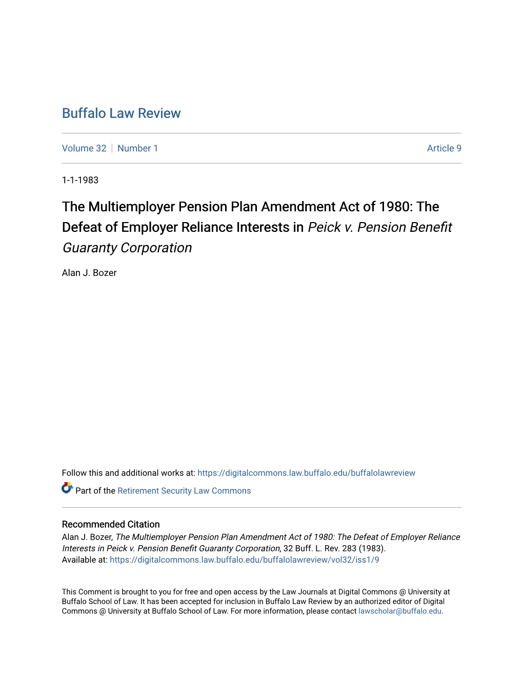 The Multiemployer Pension Plan Amendment Act of 1980: the Defeat of Employer Reliance Interests in Peick V