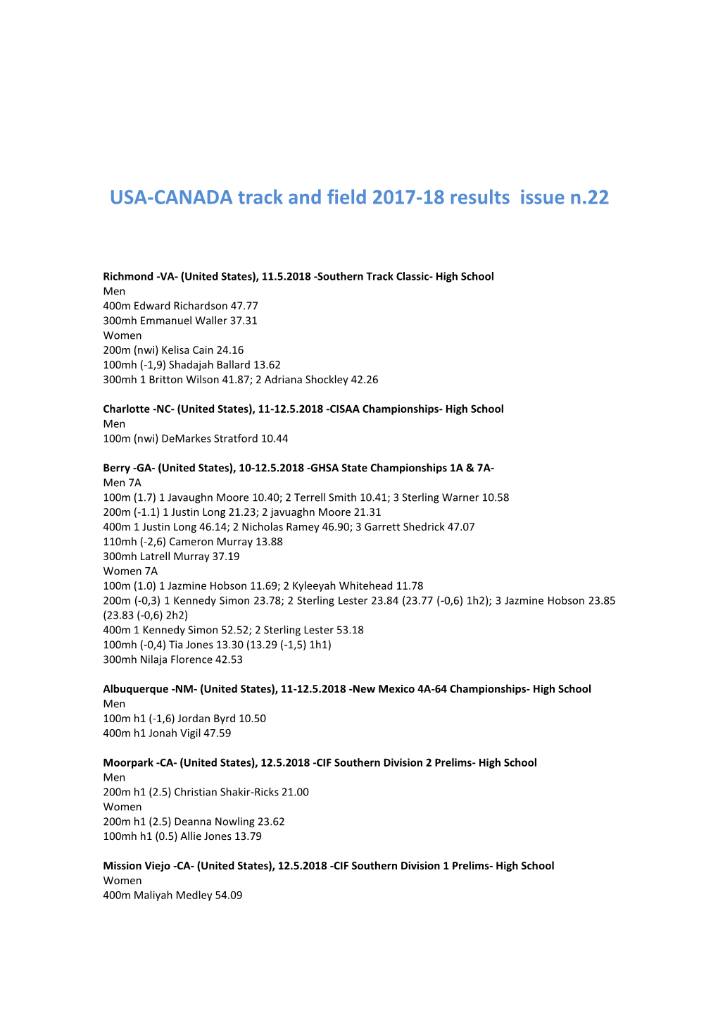 USA-CANADA Track and Field 2017-18 Results Issue N.22
