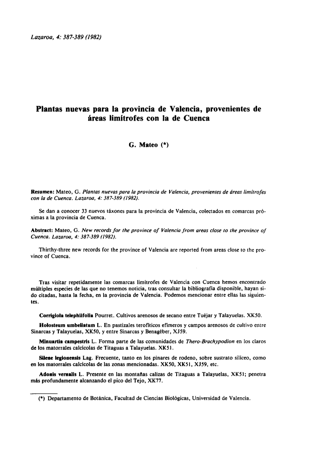 Plantas Nuevas Para La Provincia De Valencia, Provenientes De Áreas Limitrofes Con La De Cuenca