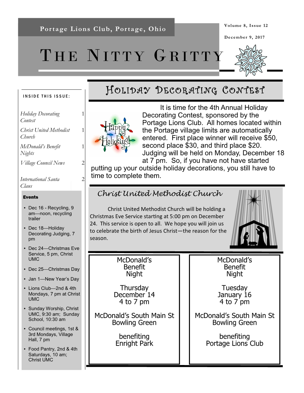 THE NITTY GRITTY Merry Village Council News Join Us Once Again to Help Raise Funds for ENRIGHT PARK