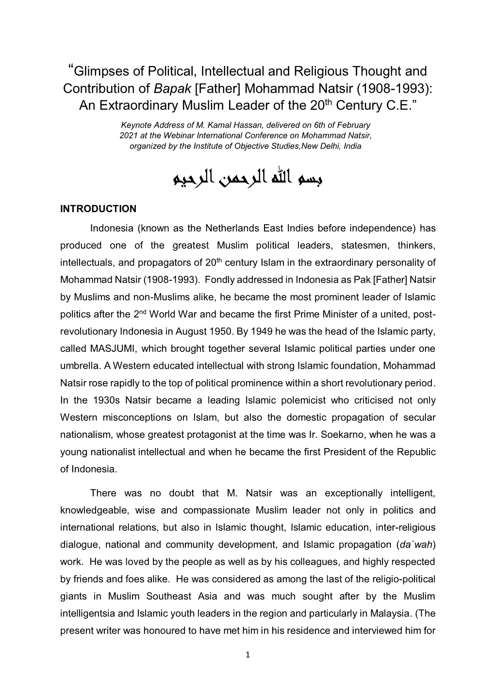 Contribution of Bapak [Father] Mohammad Natsir (1908-1993): an Extraordinary Muslim Leader of the 20Th Century C.E.” Keynote Address of M