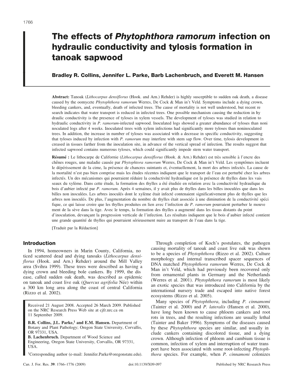 The Effects of Phytophthora Ramorum Infection on Hydraulic Conductivity and Tylosis Formation in Tanoak Sapwood