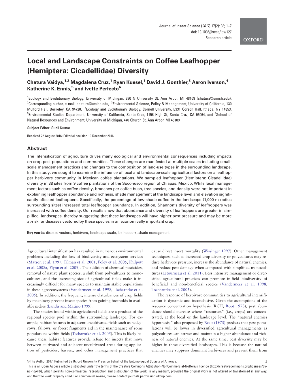 Local and Landscape Constraints on Coffee Leafhopper (Hemiptera: Cicadellidae) Diversity