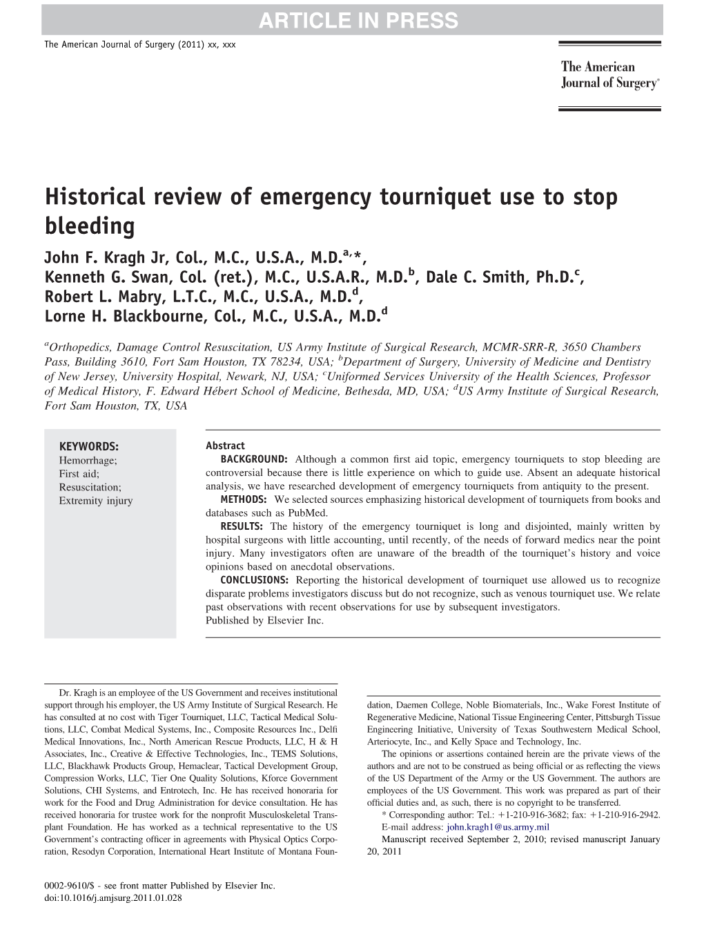 Historical Review of Emergency Tourniquet Use to Stop Bleeding John F