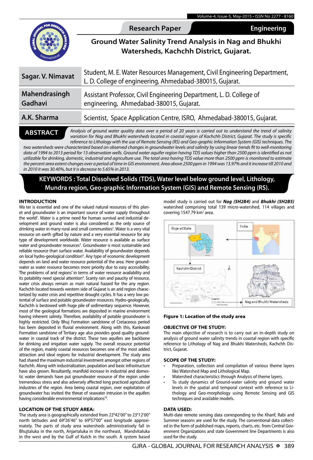 Research Paper Engineering Ground Water Salinity Trend Analysis in Nag and Bhukhi Watersheds, Kachchh District, Gujarat