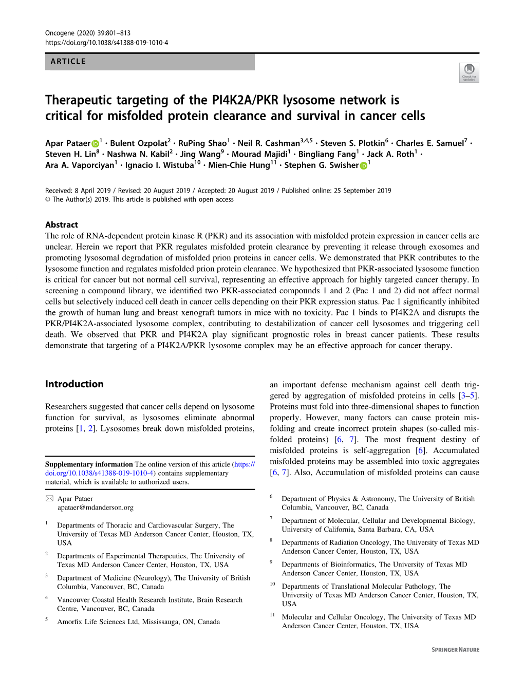 Therapeutic Targeting of the PI4K2A/PKR Lysosome Network Is Critical for Misfolded Protein Clearance and Survival in Cancer Cells