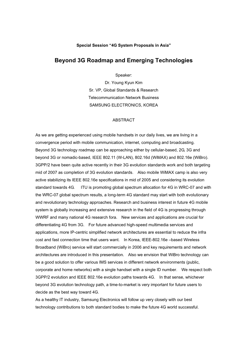 Beyond 3G Roadmap and Emerging Technologies