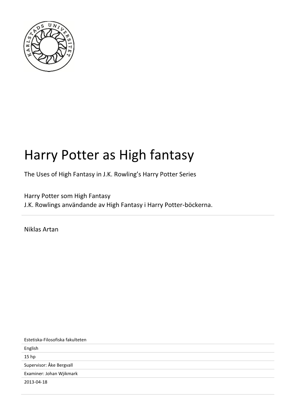 Harry Potter As High Fantasy