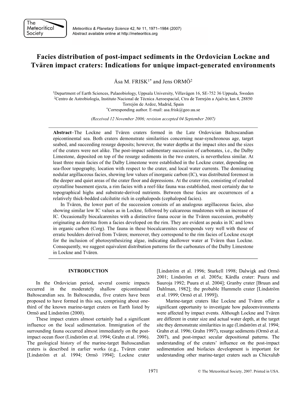 Facies Distribution of Post-Impact Sediments in the Ordovician Lockne and Tvären Impact Craters: Indications for Unique Impact-Generated Environments