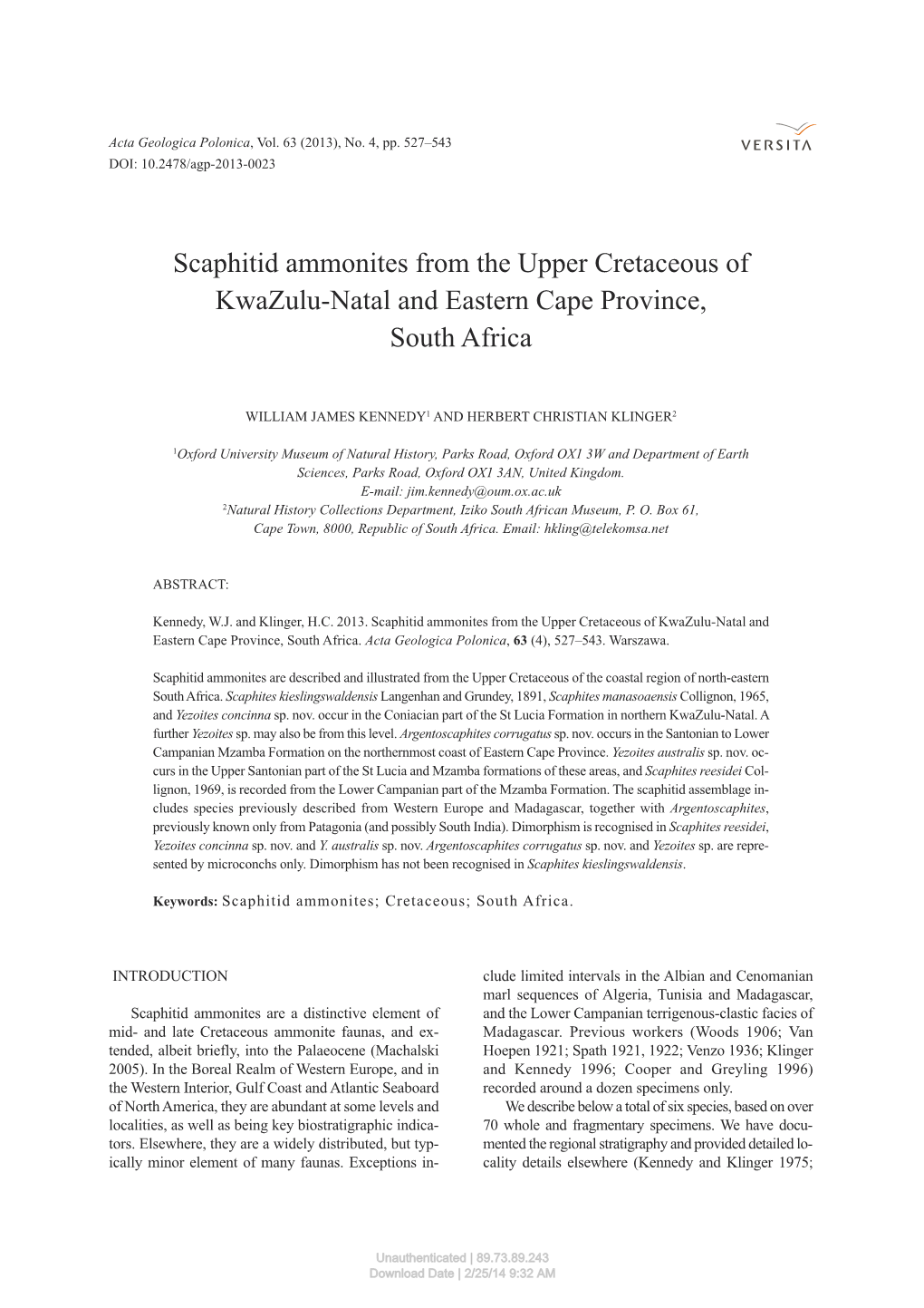 Scaphitid Ammonites from the Upper Cretaceous of Kwazulu-Natal and Eastern Cape Province, South Africa